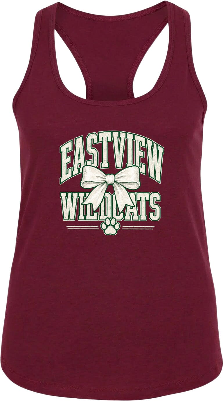 A burgundy tank top with the text "EASTVIEW WILDCATS" printed on it, along with a bow and paw prints.