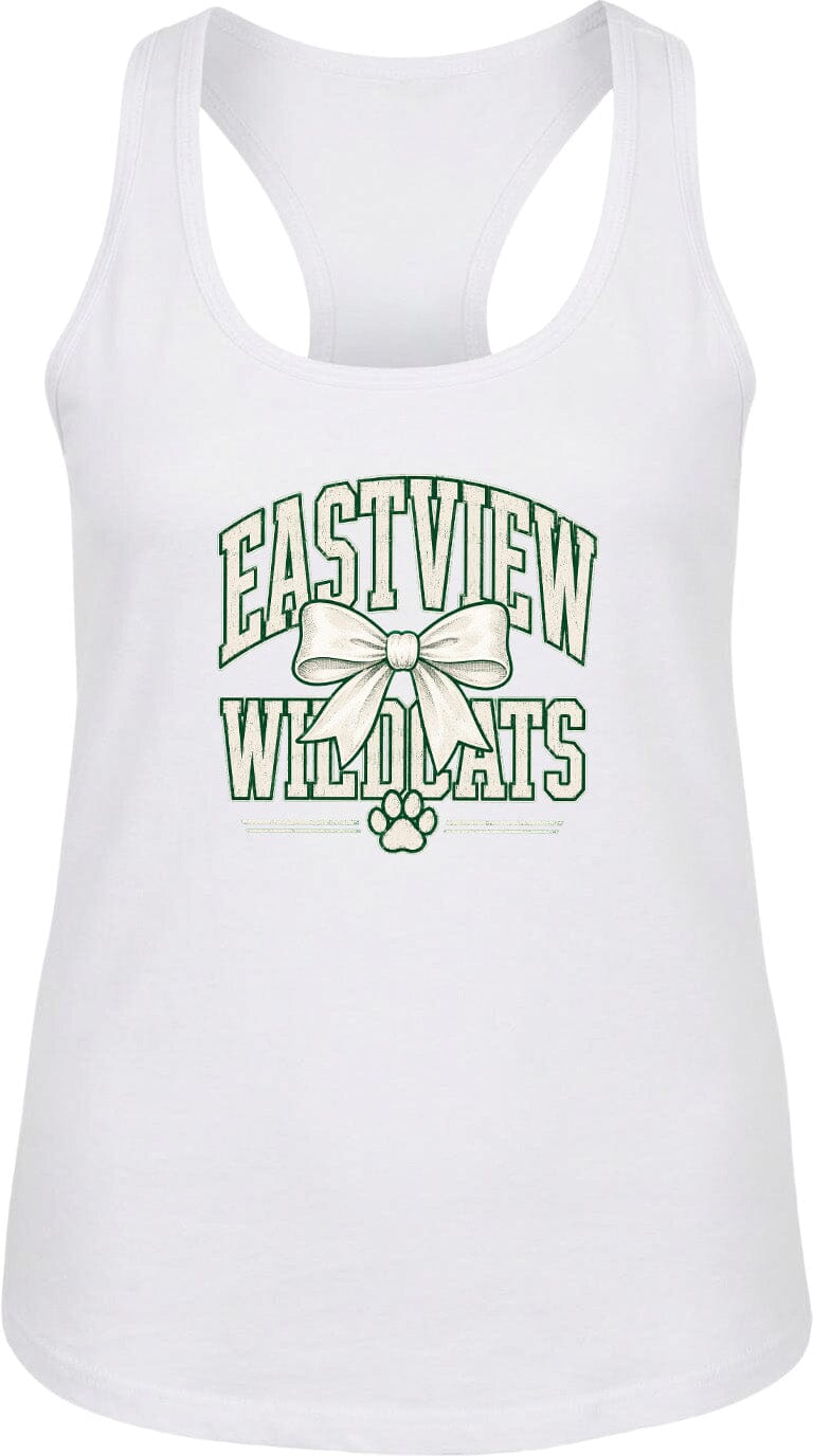 A white tank top with a graphic design featuring the text "EASTVIEW WILDCATS" and a bow.