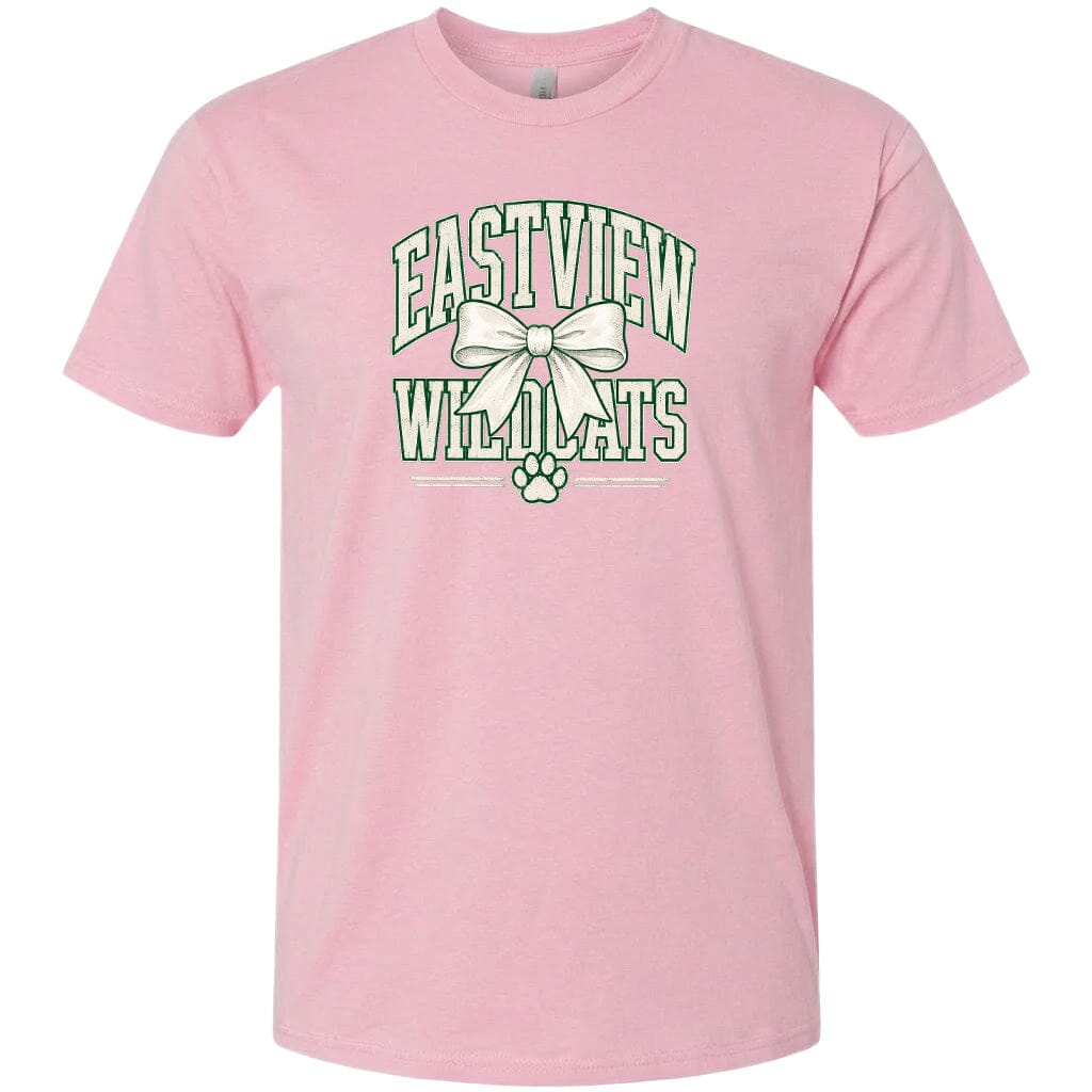 A pink t-shirt with a graphic design featuring the text "EASTVIEW WILDLIFE" and a bow.