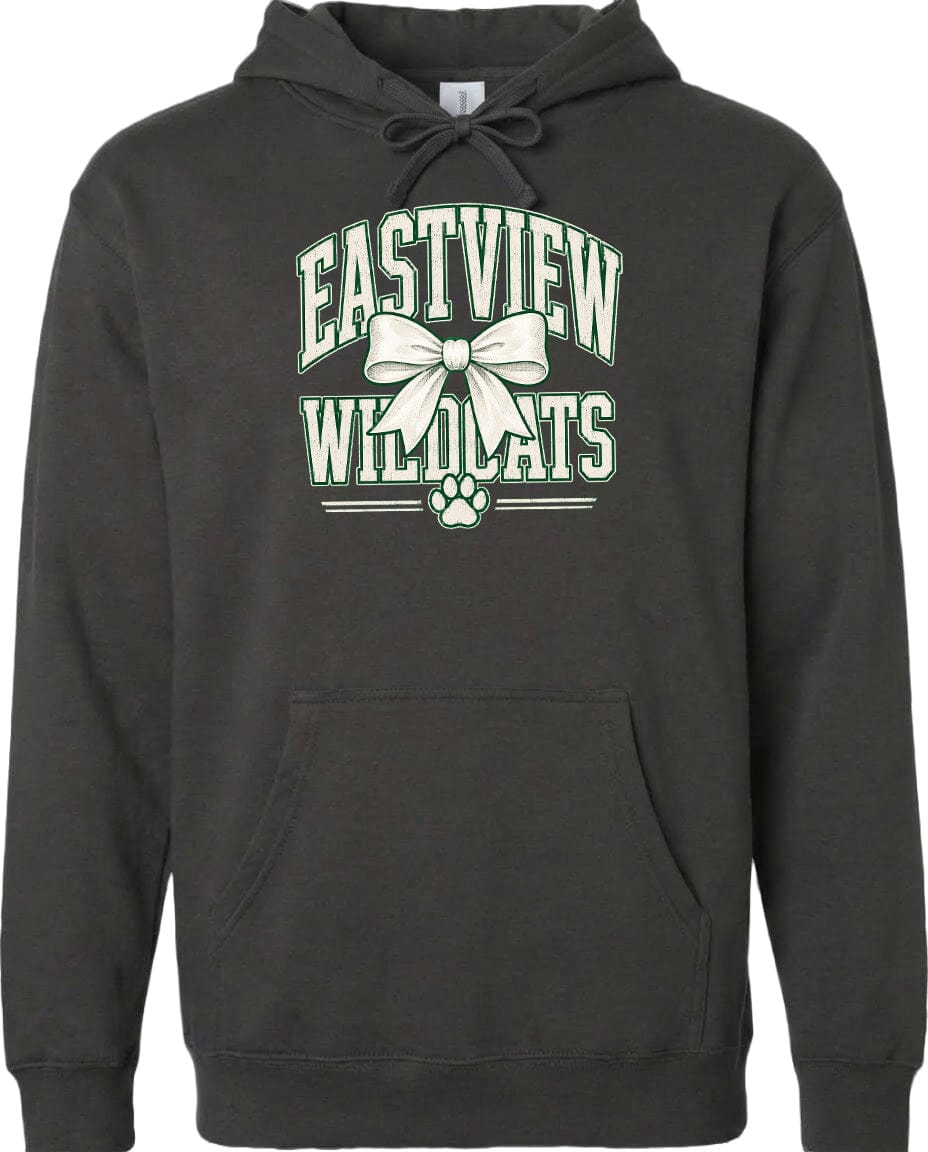 A black hoodie with a graphic design featuring the text "EASTVIEW WILDCATS" and a white bow.