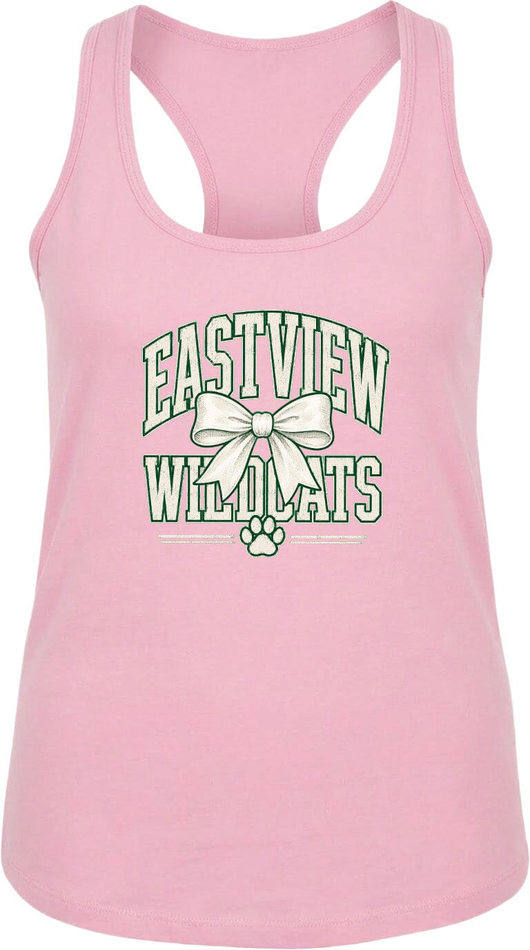 A pink tank top with the text "EASTVIEW WILDCATS" printed on it, along with a bow and paw prints.