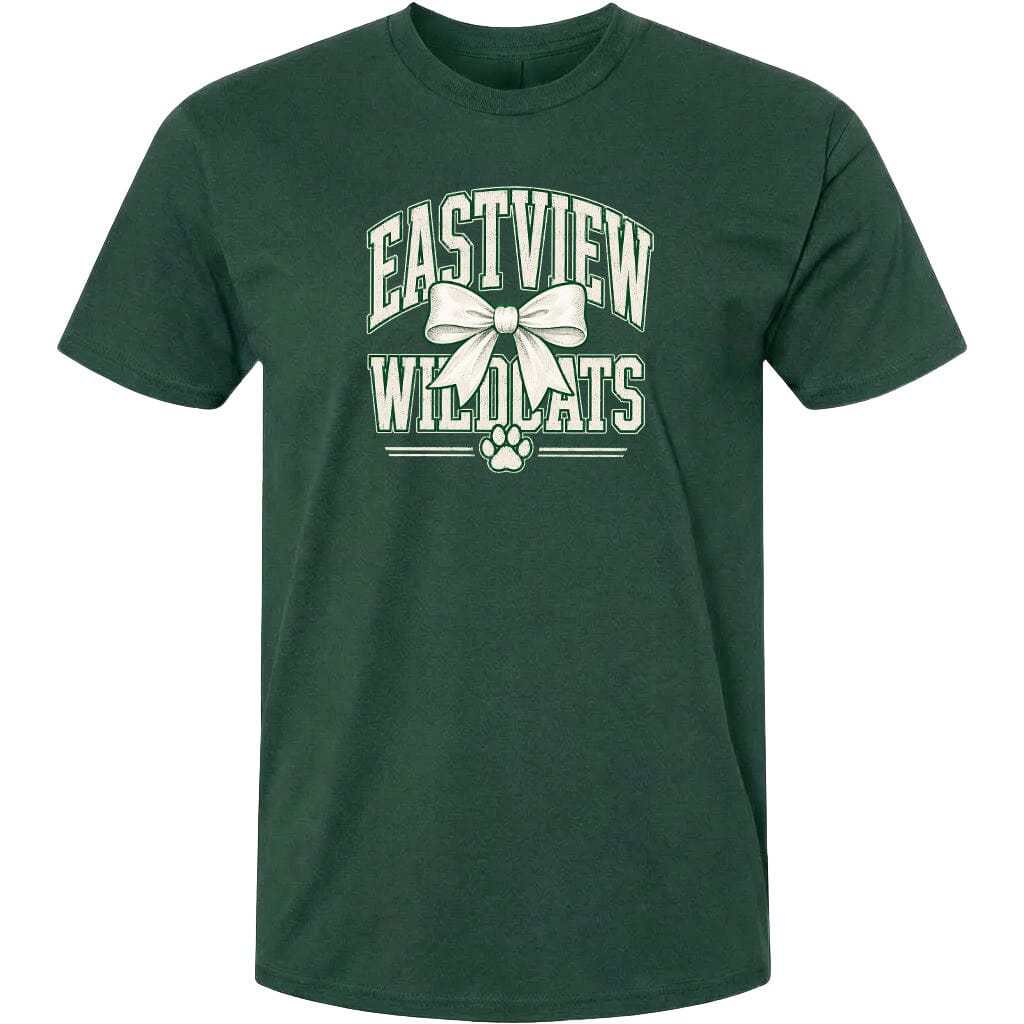 A dark green t-shirt with a white graphic design featuring the text "EASTVIEW WILDLIFE" and a bow.