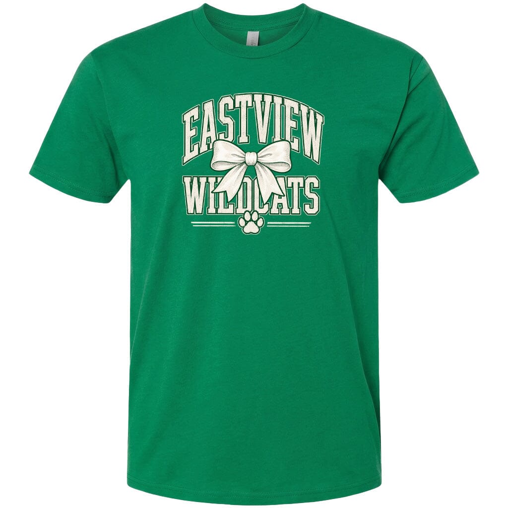 A green t-shirt with white text and a bow graphic printed on it.