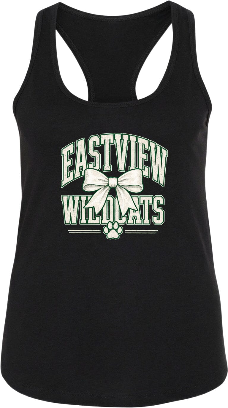 A black tank top with a graphic design featuring the text "EASTVIEW WILDCATS" and a bow.