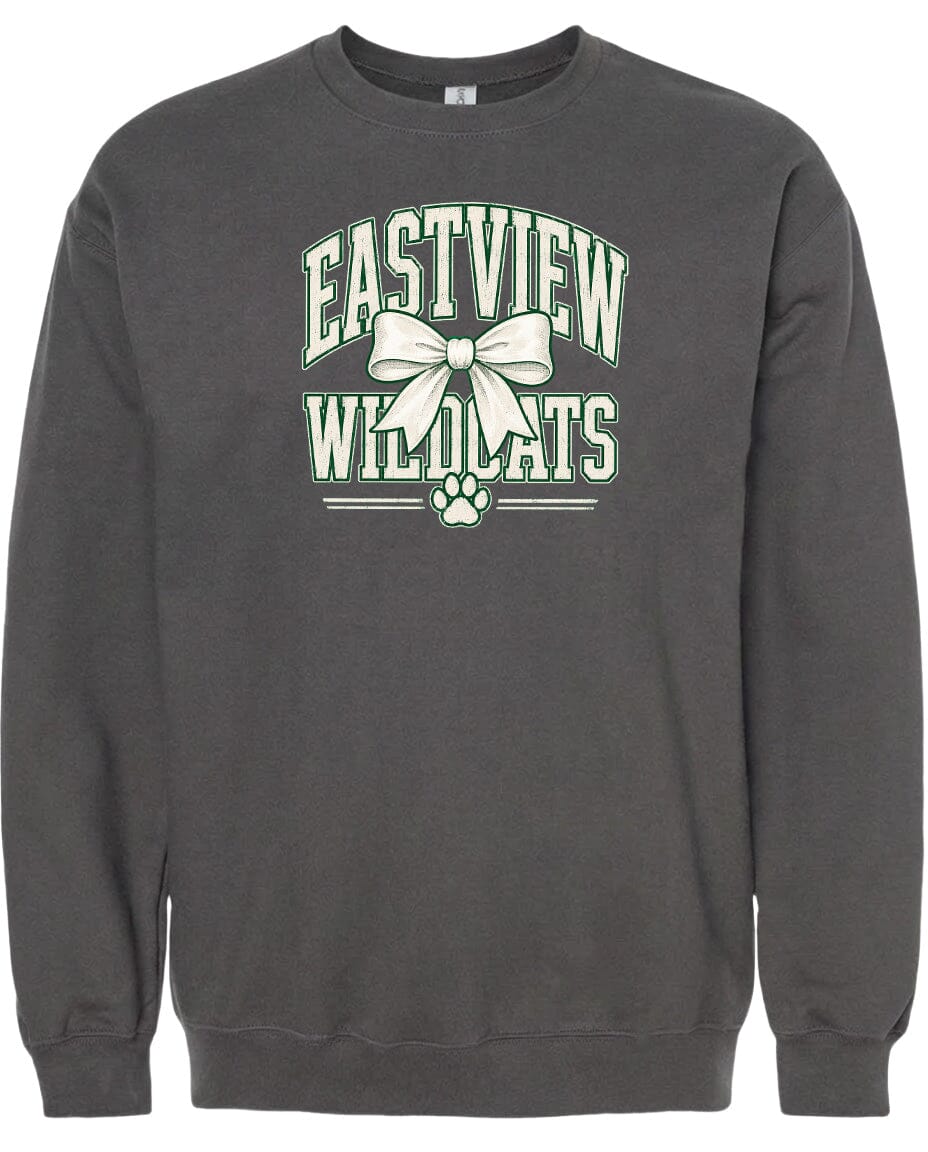 A gray sweatshirt with a graphic design featuring the text "EASTVIEW WILDCATS" and a bow.