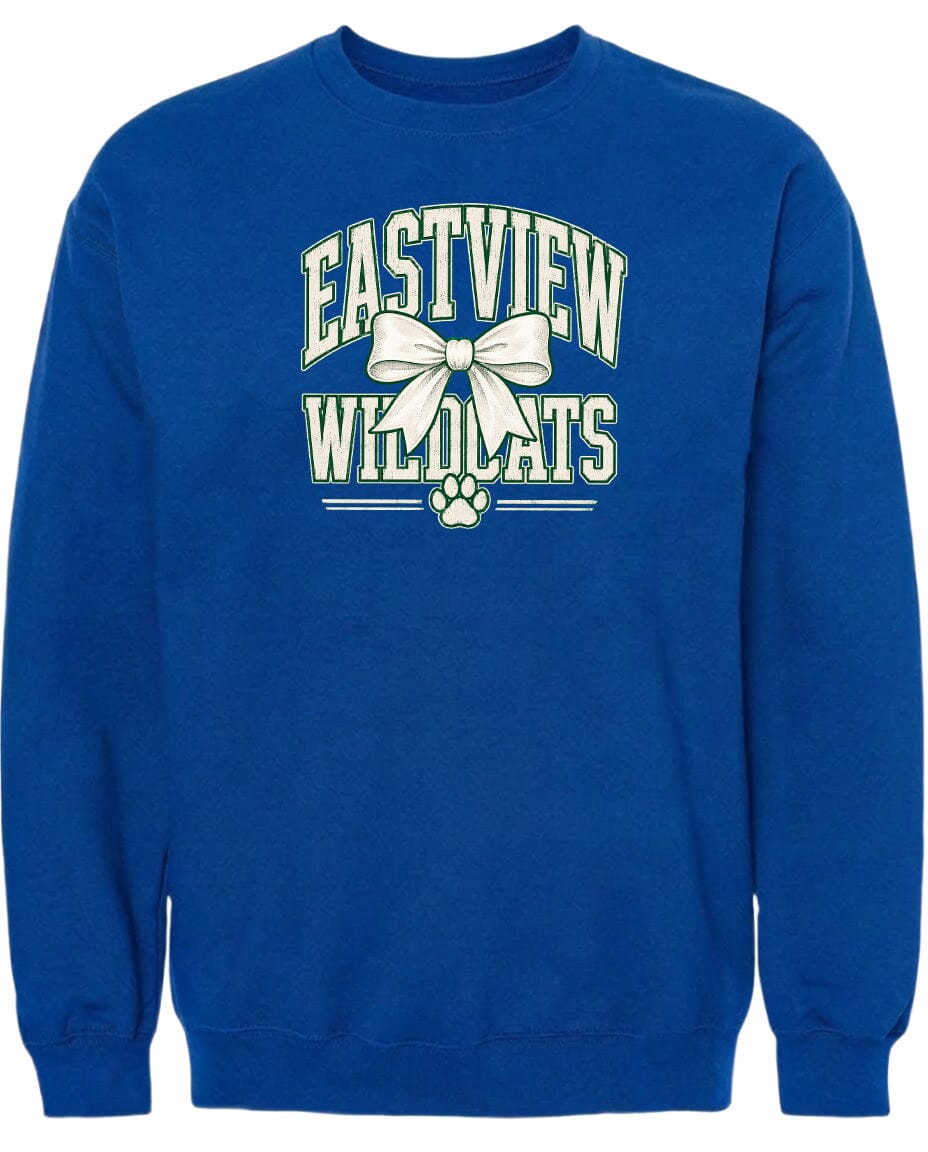 A blue sweatshirt with the text "EASTVIEW WILDCATS" printed on it.