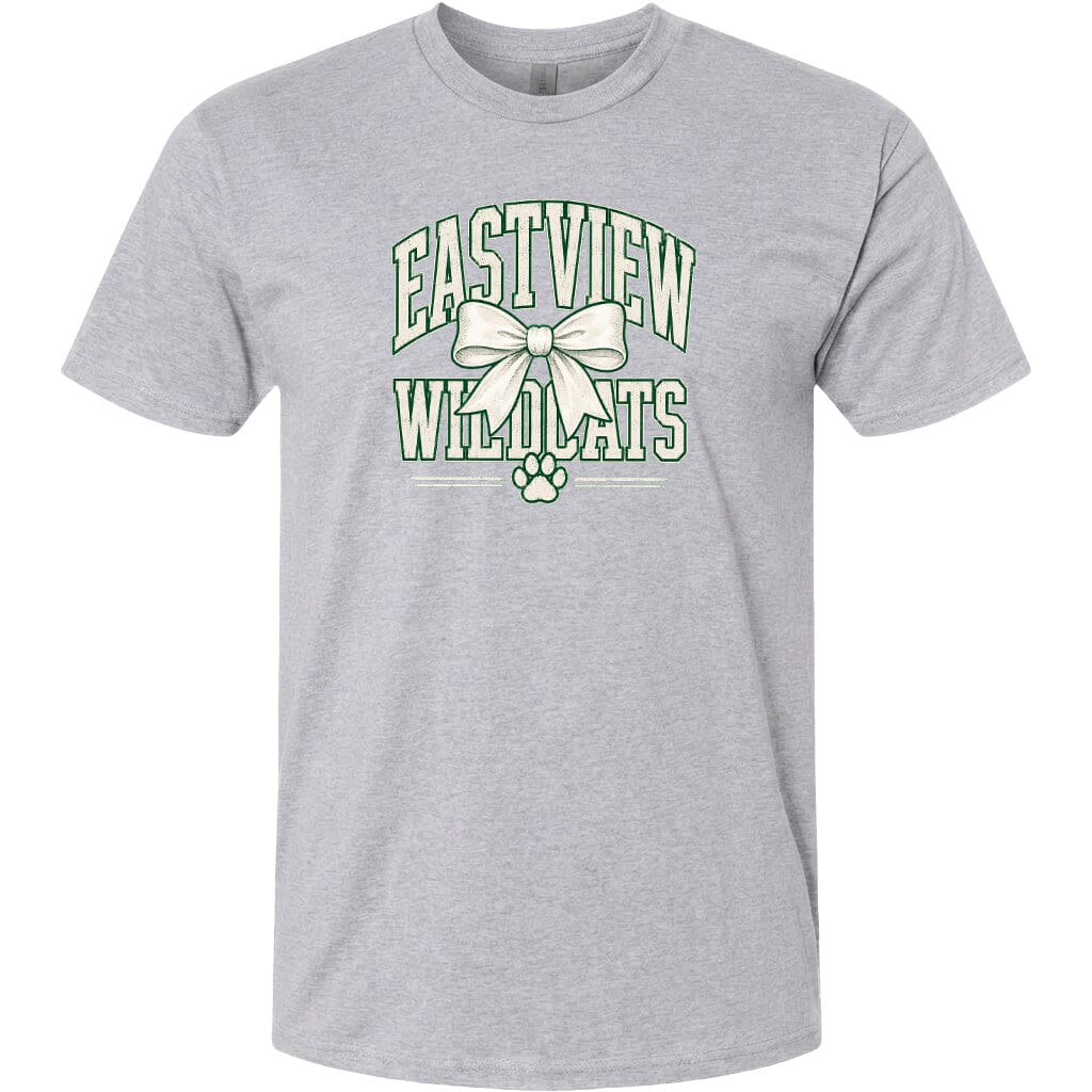 A gray t-shirt with a graphic design featuring the text "EASTVIEW WILDCATS" and a bow.