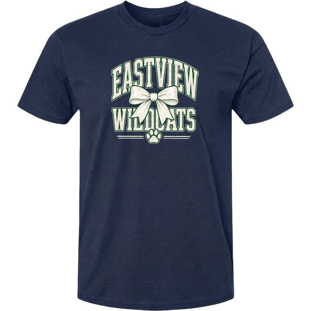 A navy blue t-shirt with a graphic design featuring the text "EASTVIEW WILDLIFE" and a bow, along with a paw print.