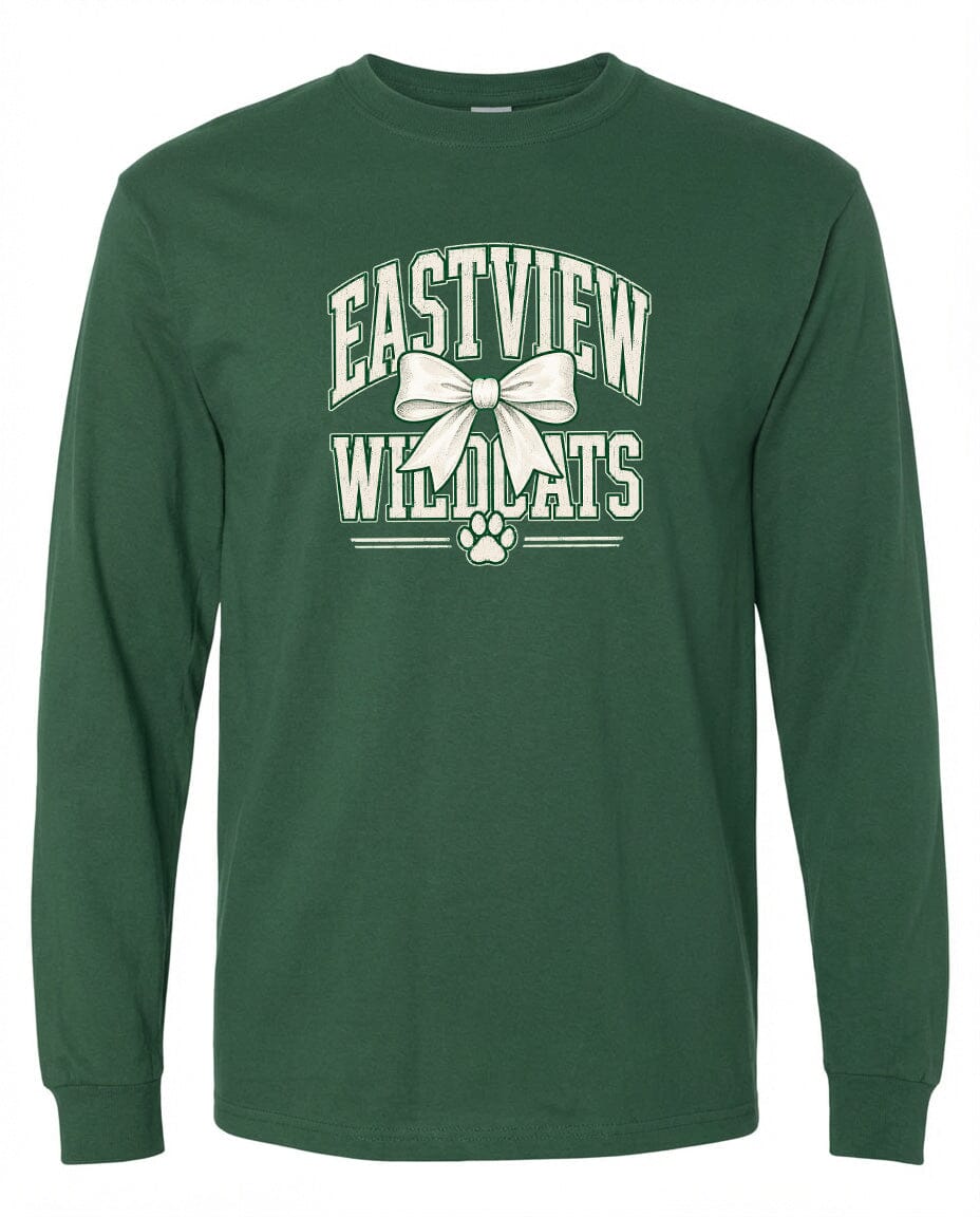 A green long-sleeved t-shirt with white text and a bow graphic printed on it.