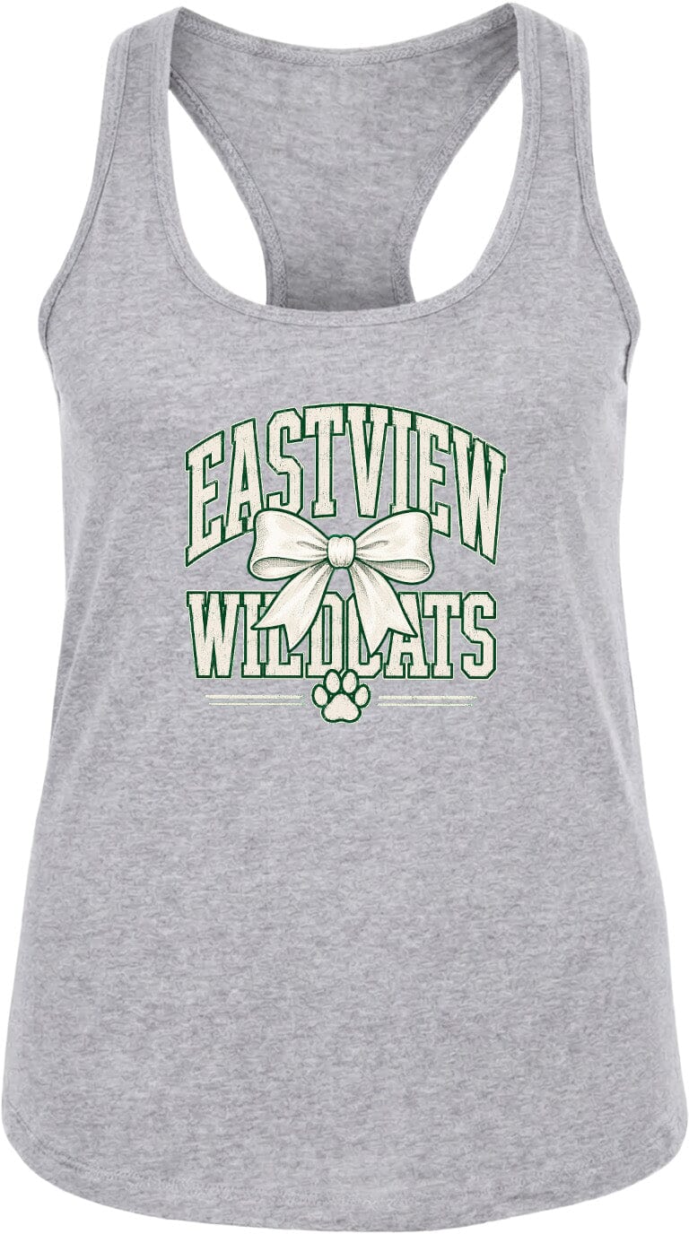 A gray tank top with a graphic design featuring the text "EASTVIEW WILDCATS" and a bow.