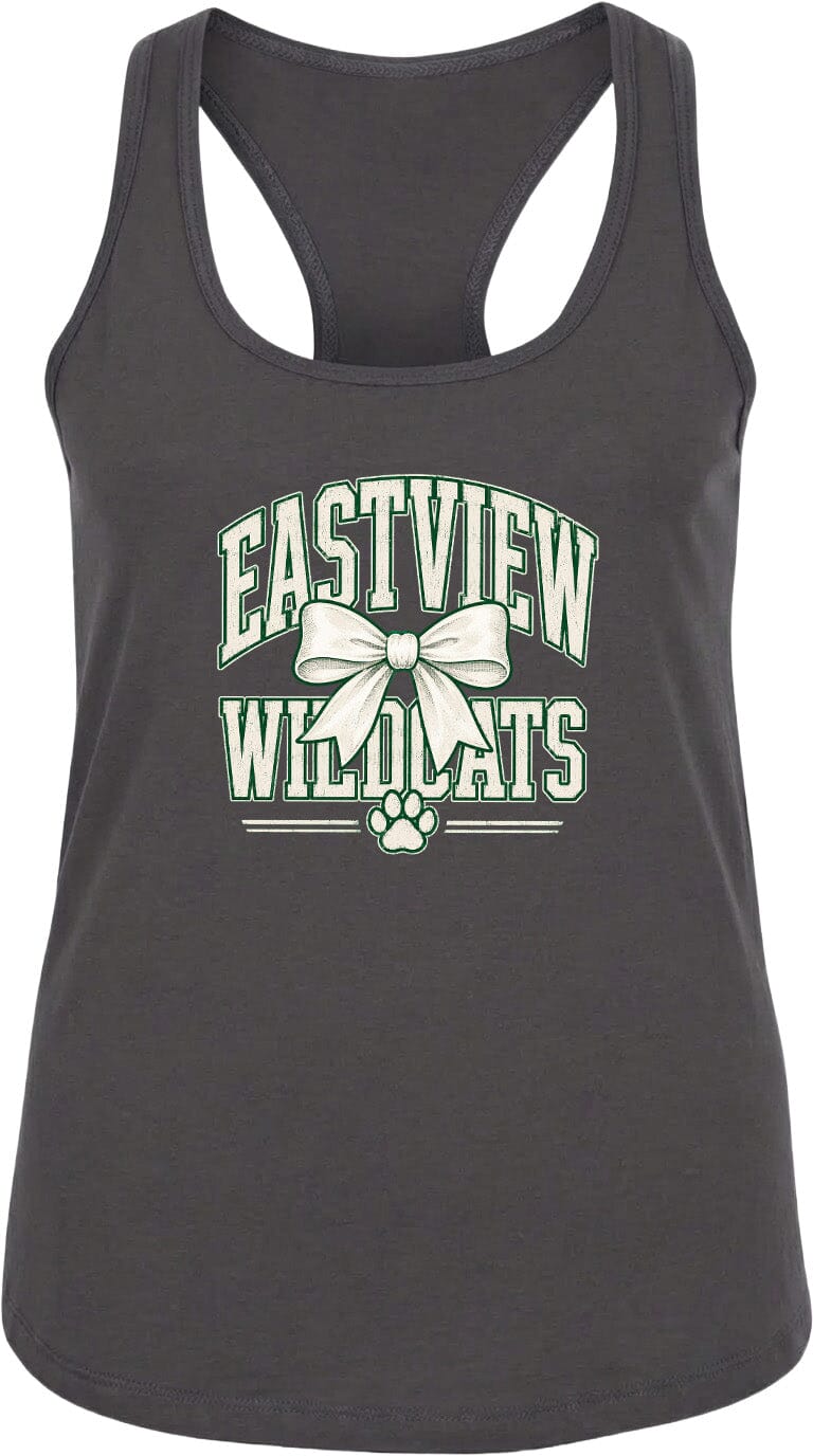 A gray tank top with a graphic design featuring the text "EASTVIEW WILDCATS" and a bow.