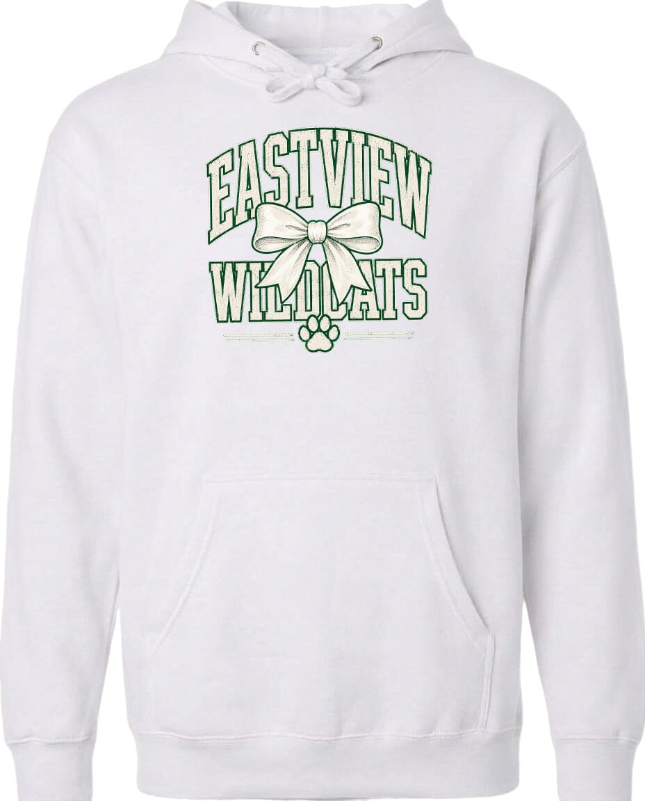 A white hoodie with a graphic design featuring the text "EASTVIEW WILDCATS" and a bow.