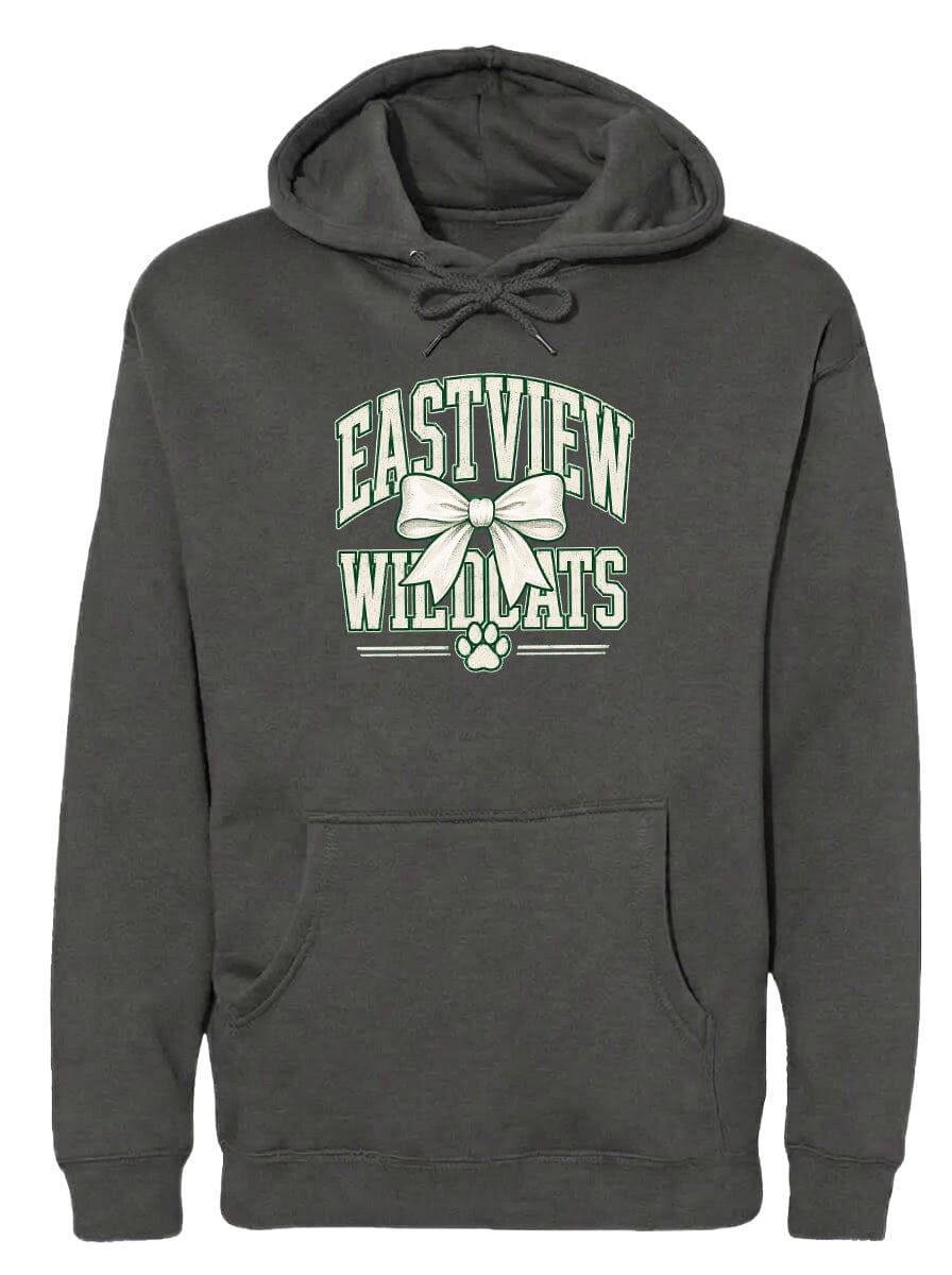A gray hoodie with a graphic design featuring the text "EASTVIEW WILDCATS" and a white bow.