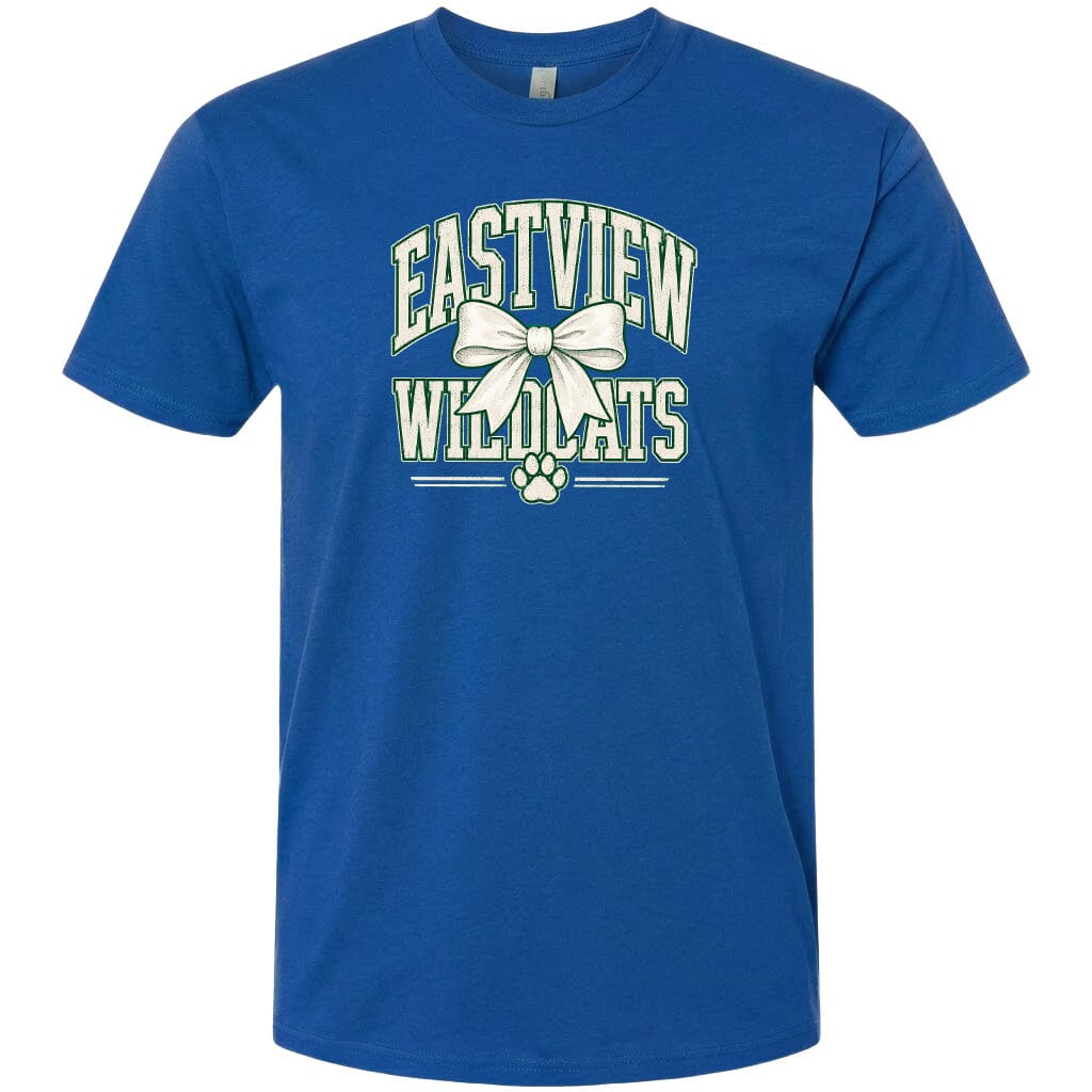 A blue t-shirt with a graphic design featuring the text "EASTVIEW WILDLIFE" and a white bow.