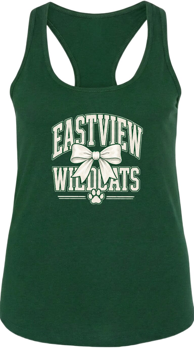 A green tank top with the text "EASTVIEW WILDCATS" printed on it, along with a bow and paw prints.