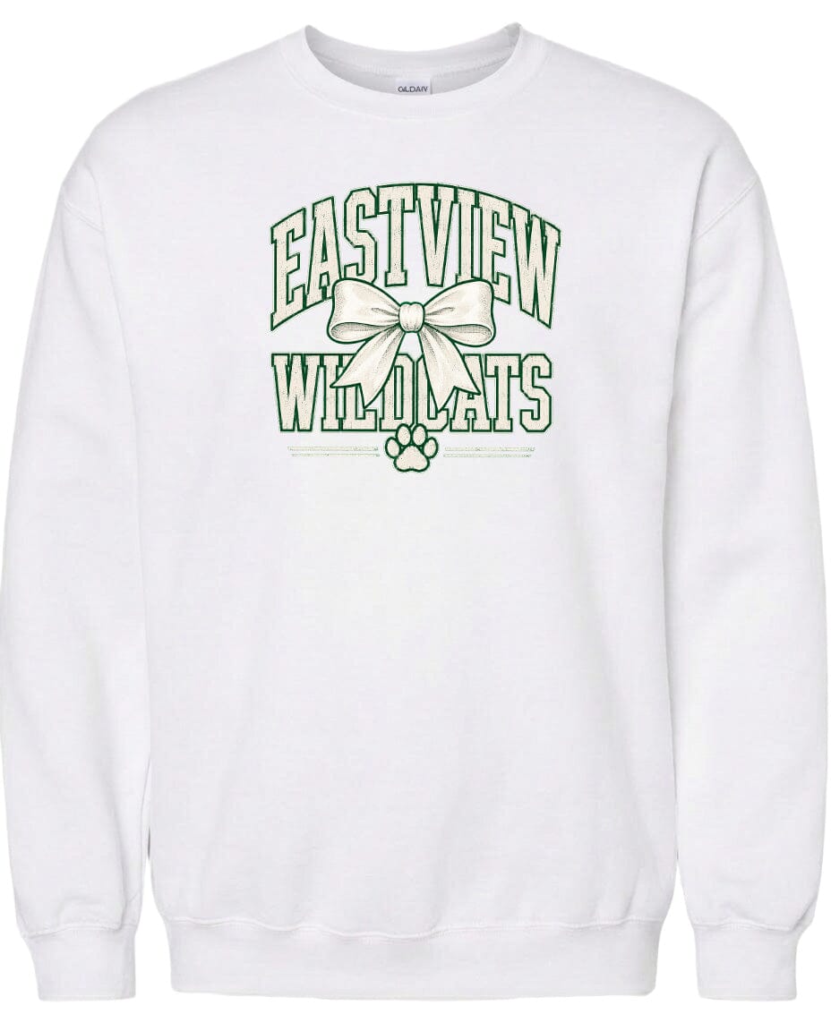 A white sweatshirt with a graphic design featuring the text "EASTVIEW WILDLIFE" and a bow.