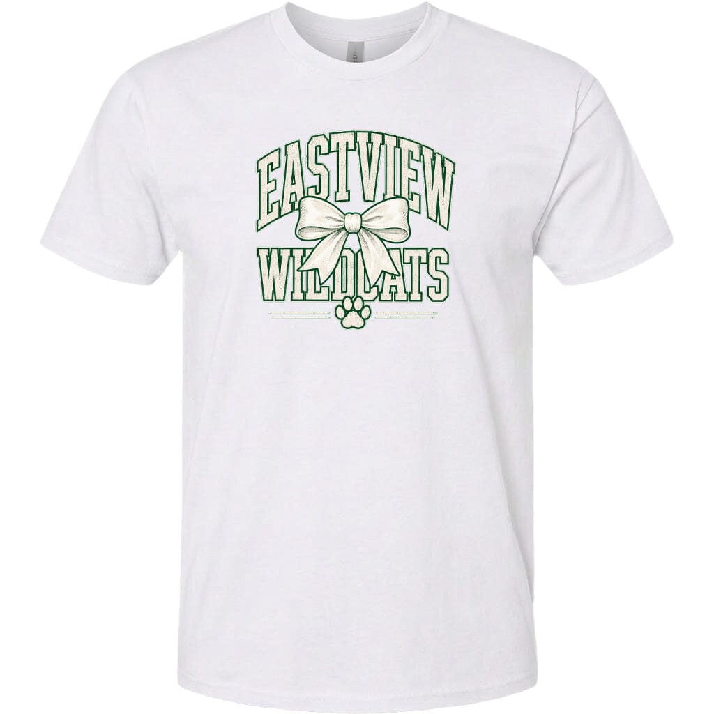 A white t-shirt with a graphic design featuring the text "EASTVIEW WILDLIFE" and a bow.