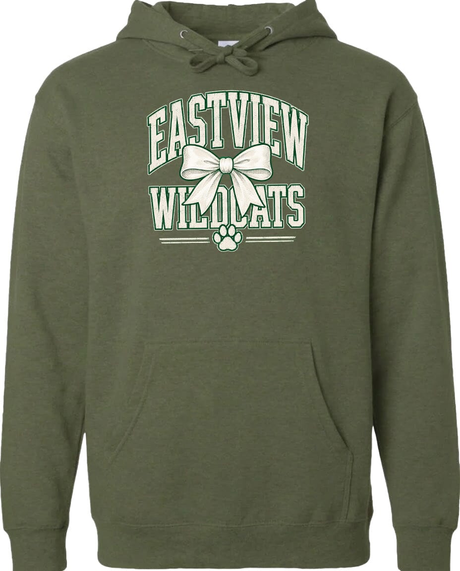 A green hoodie with a white graphic design on the front.
