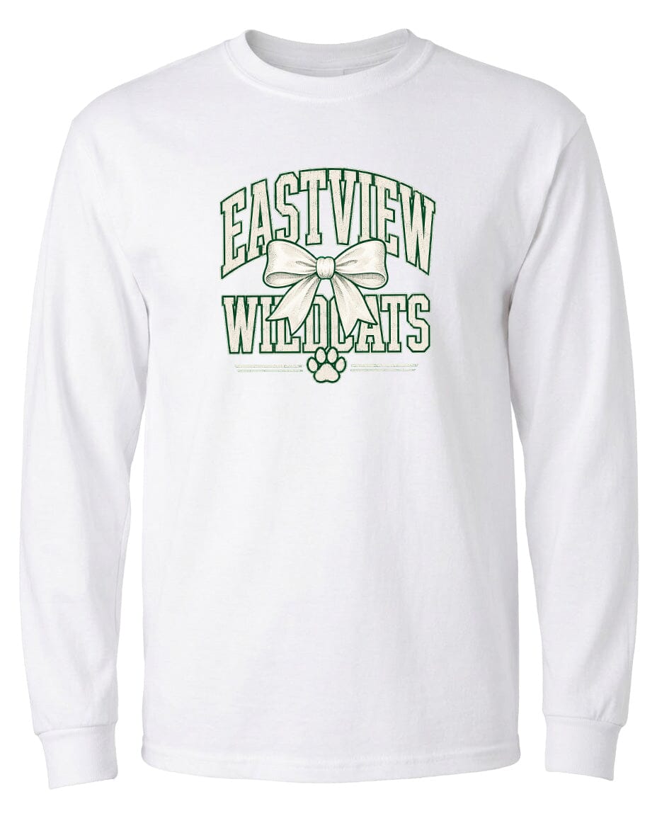 A white long-sleeved t-shirt with a graphic design featuring the text "EASTVIEW WILDLIFE" and a bow.