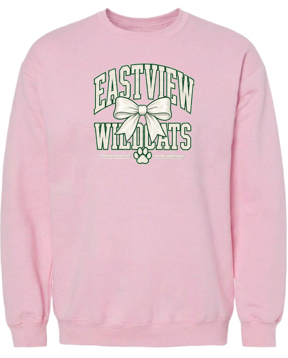 A pink sweatshirt with a graphic design featuring the text "EASTVIEW WILDLIFE" and a bow.