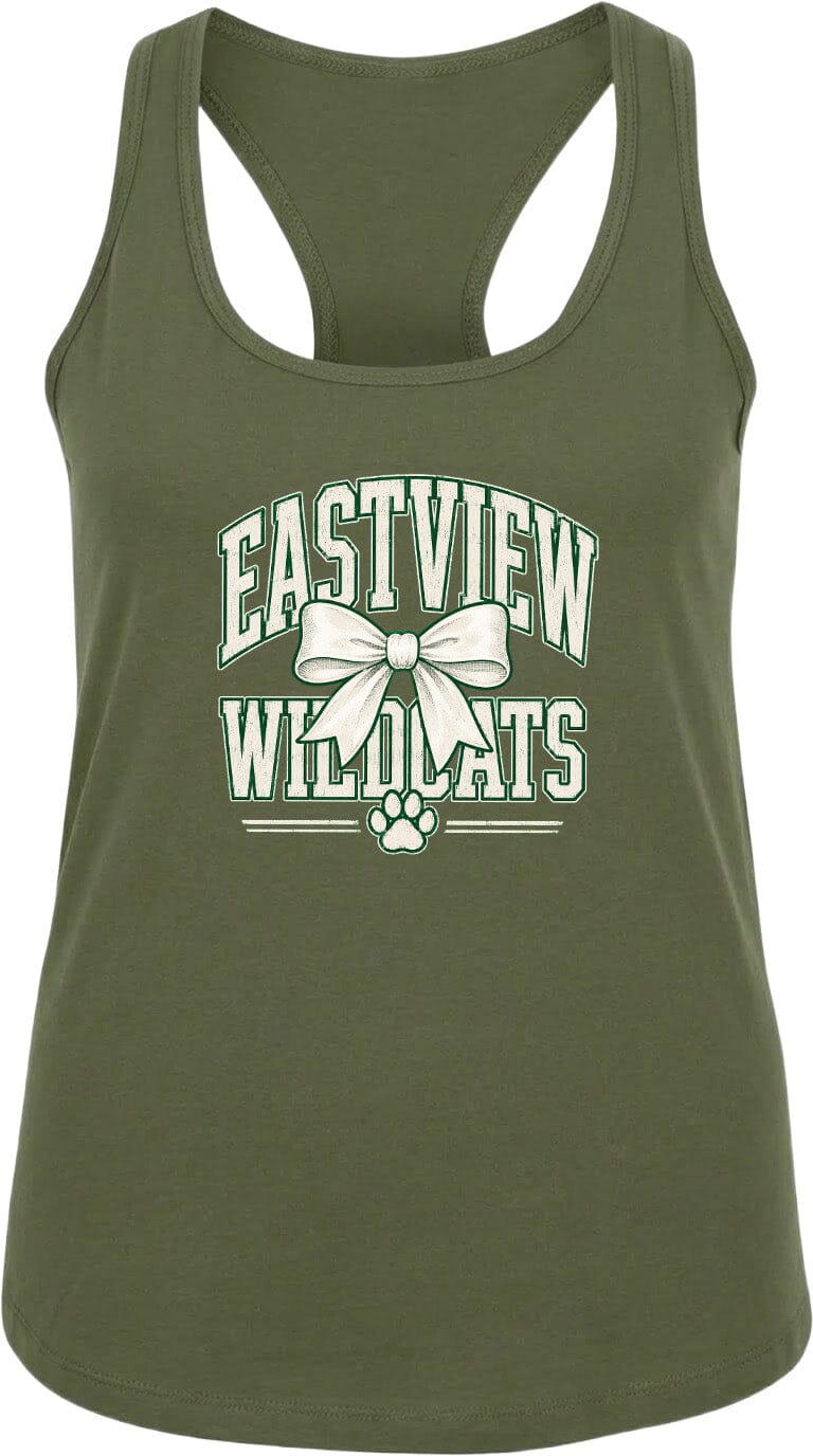 A green tank top with the text "EASTVIEW WILDCATS" printed on it, along with a bow and paw prints.