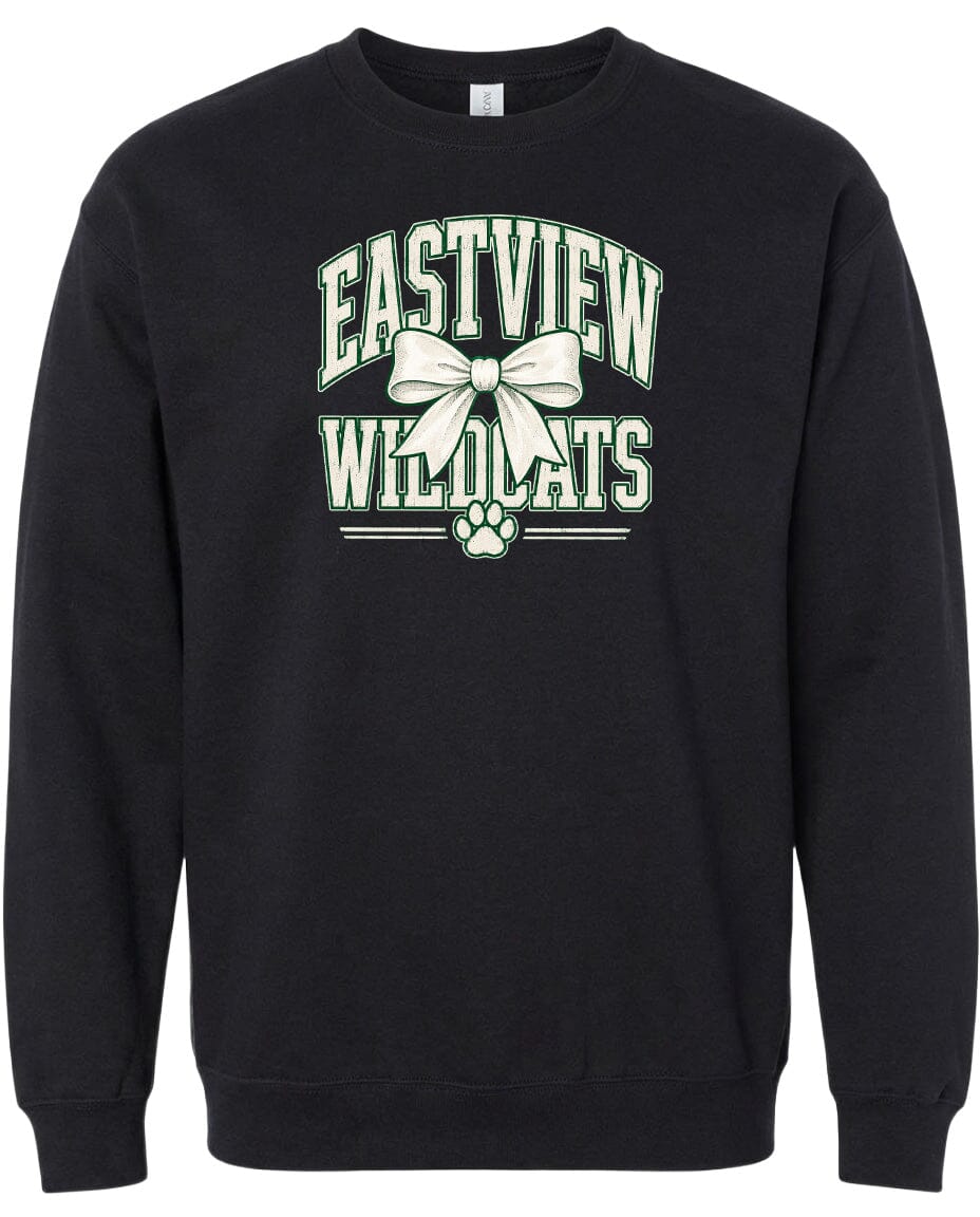 A black sweatshirt with a graphic design featuring the text "EASTVIEW WILDCATS" and a bow.