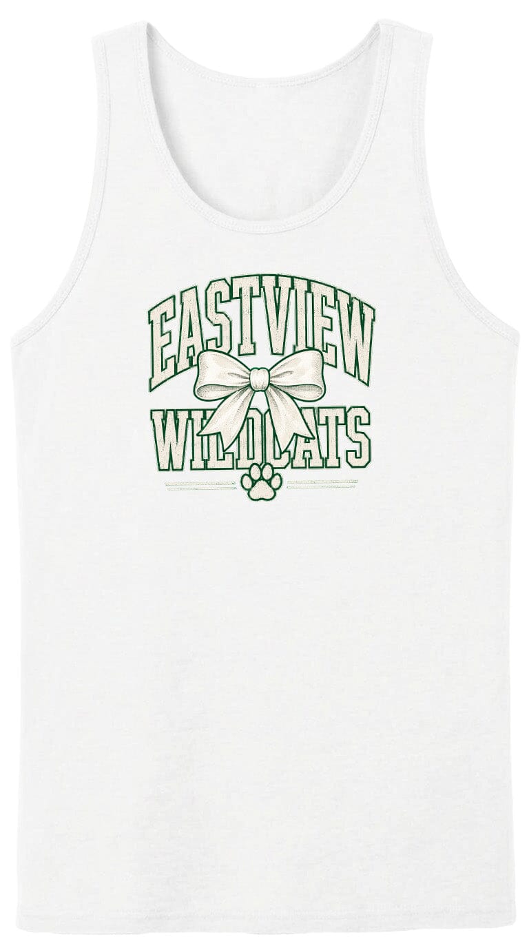 A white tank top with a graphic design featuring the text "EASTVIEW WILDCATS" and a bow.