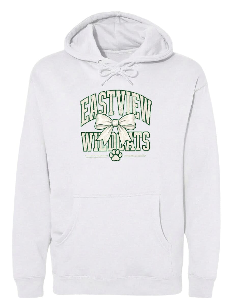 A white hoodie with a graphic design featuring the text "EASTVIEW WILDCATS" and a bow.