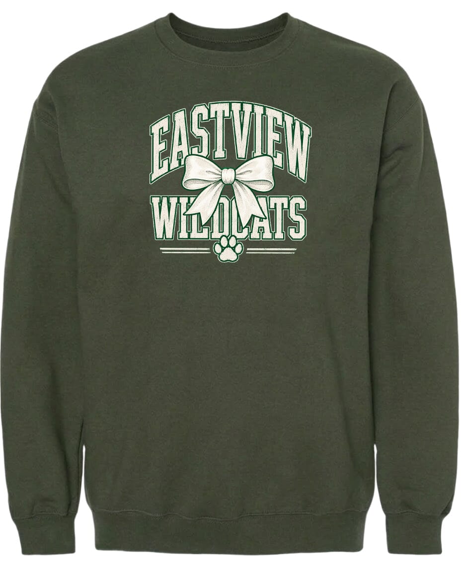 A dark green sweatshirt with a white graphic design on the front.