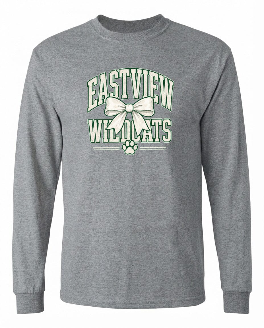 A gray long-sleeved t-shirt with a graphic design featuring the text "EASTVIEW WILDLOTS" and a bow.