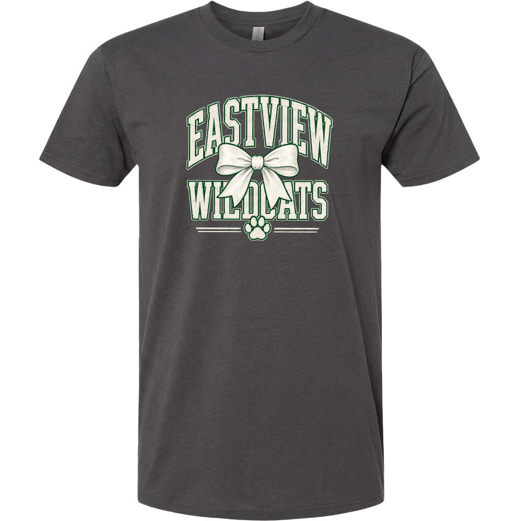 A gray t-shirt with a graphic design featuring the text "EASTVIEW WILDLIFE" and a bow.