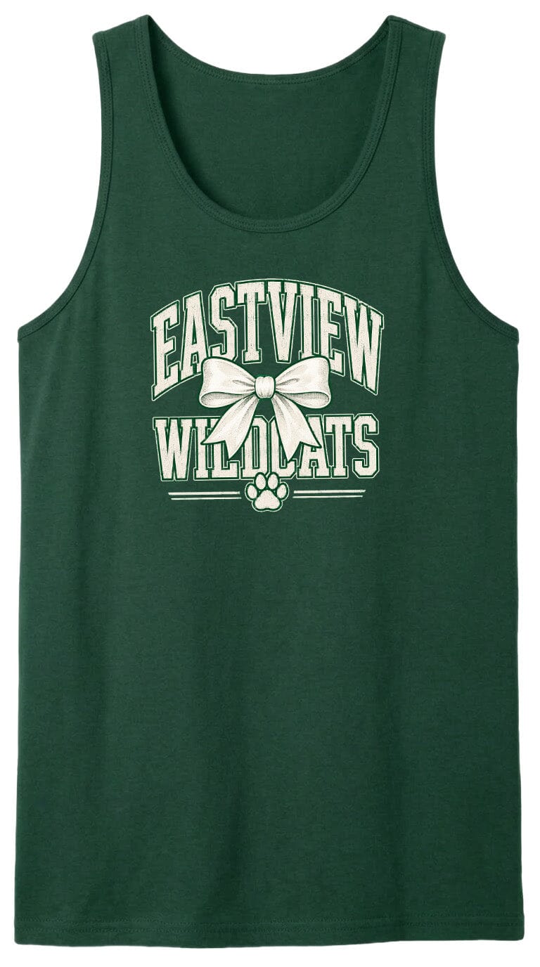 A green tank top with white text and a bow graphic printed on it.