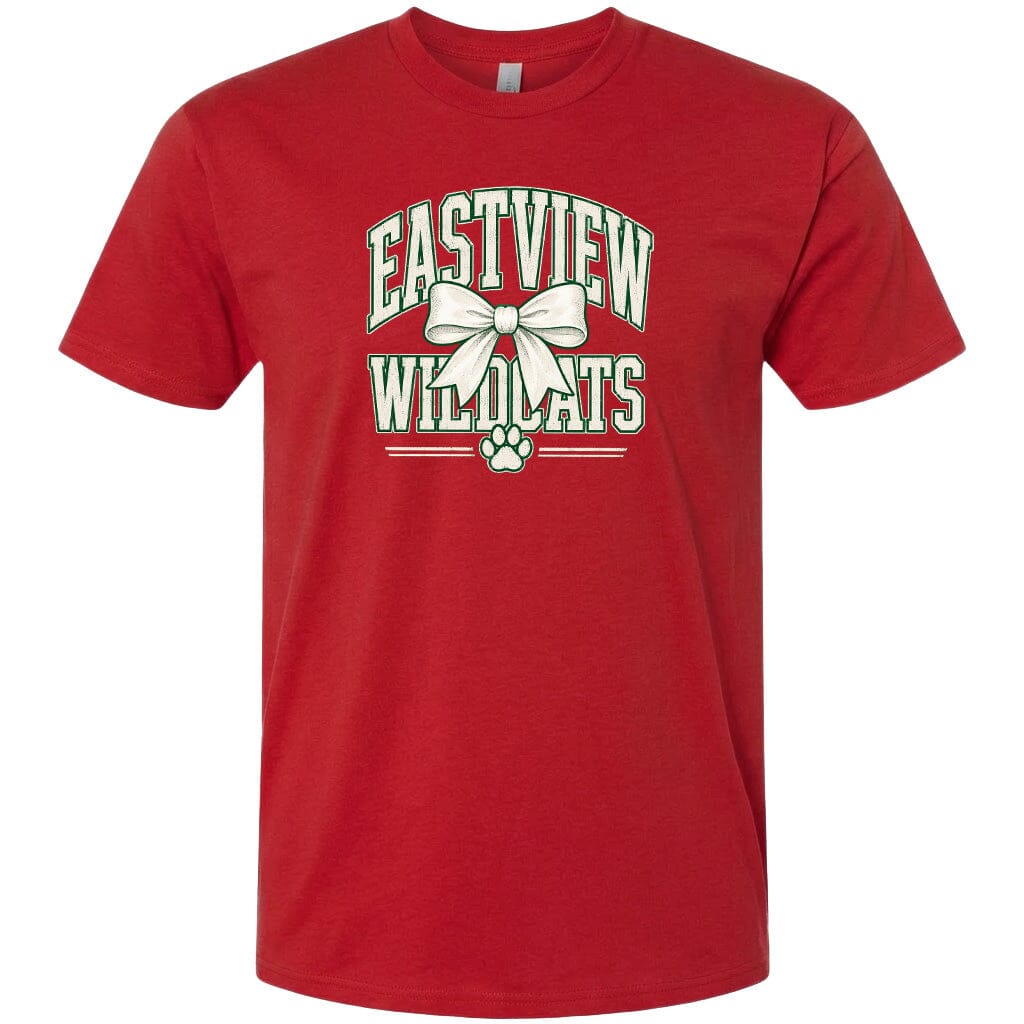 A red t-shirt with a graphic design featuring the text "EASTVIEW WILDLIFE" and a bow.