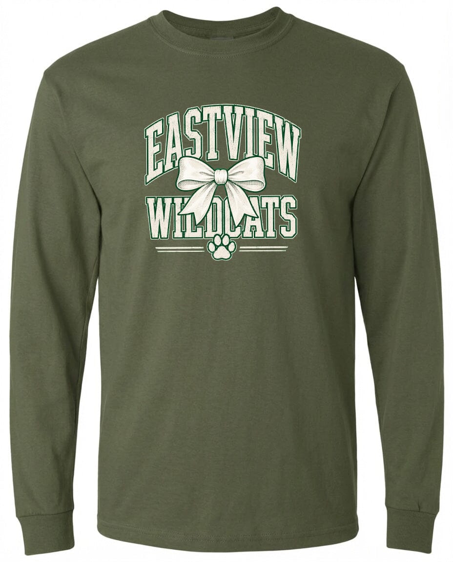 A long-sleeved olive green t-shirt with a graphic design featuring the text "EASTVIEW WILDCATS" and a white bow.