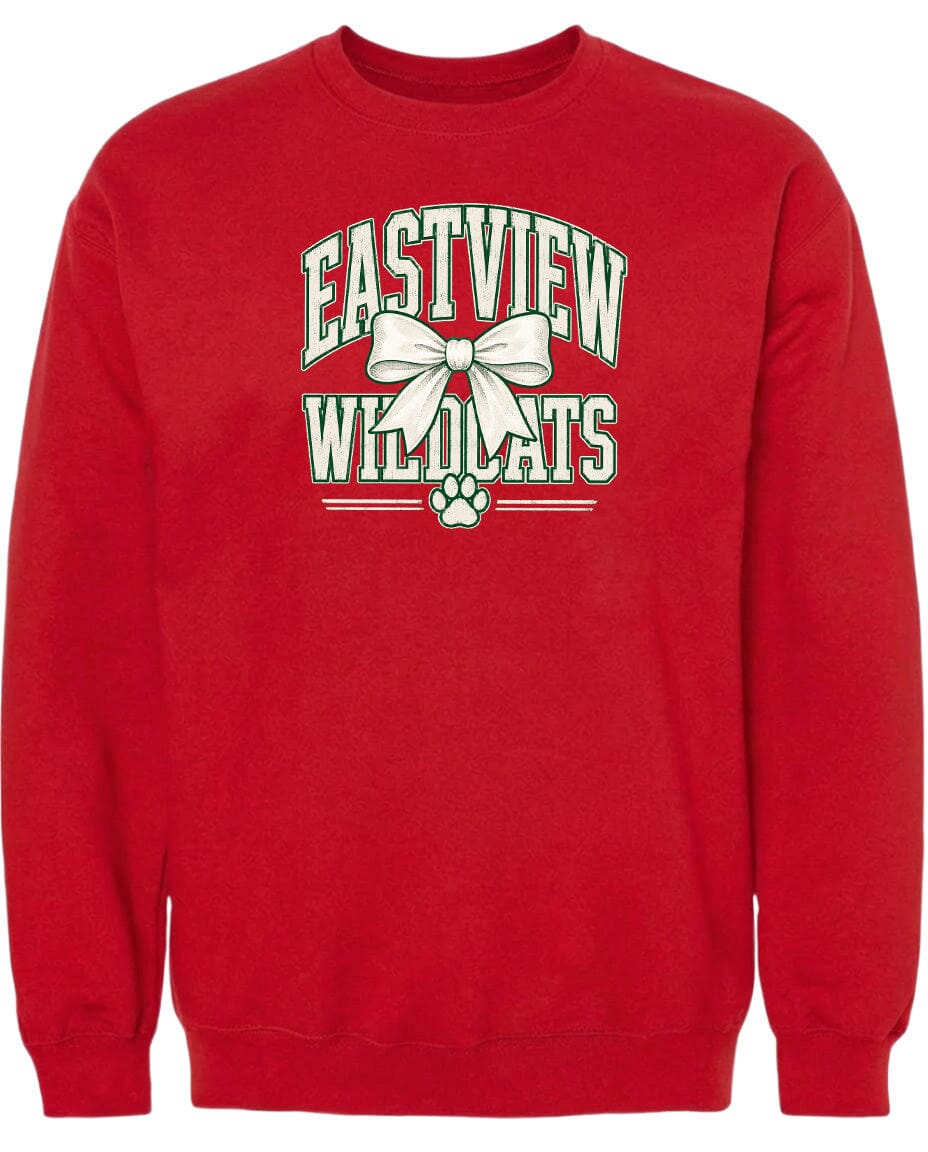 A red sweatshirt with a graphic design featuring the text "EASTVIEW WILDLOTS" and a white bow.