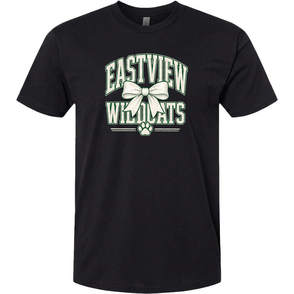 A black t-shirt with a graphic design featuring the text "EASTVIEW WILDLIFE" and a bow.