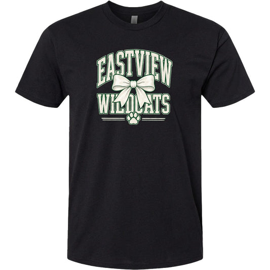 A black t-shirt with a graphic design featuring the text "EASTVIEW WILDLIFE" and a bow.