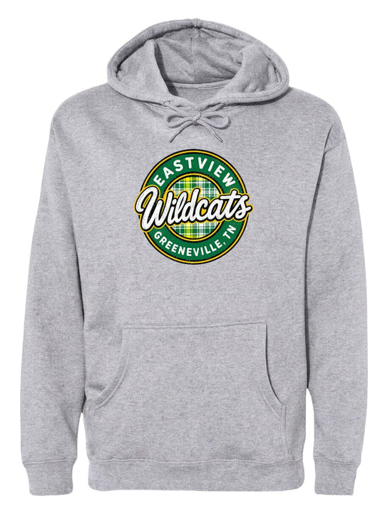 A gray hoodie with a circular logo that says "Eastview Wildcats Greeneville, TN".
