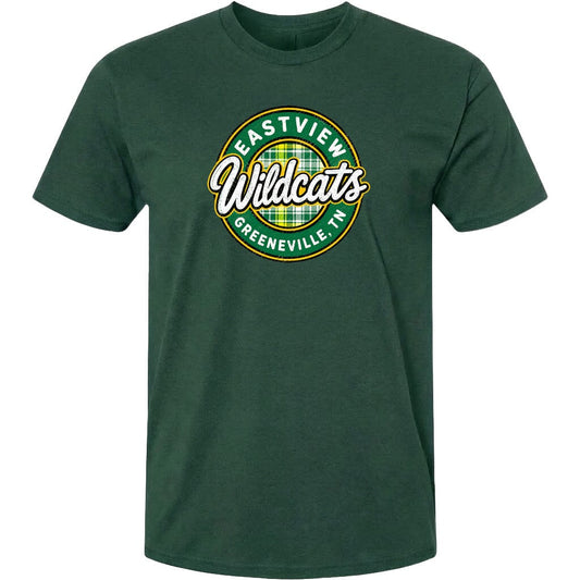 A green t-shirt with a circular logo that says "Eastview Wildcats Greeneville, TN".