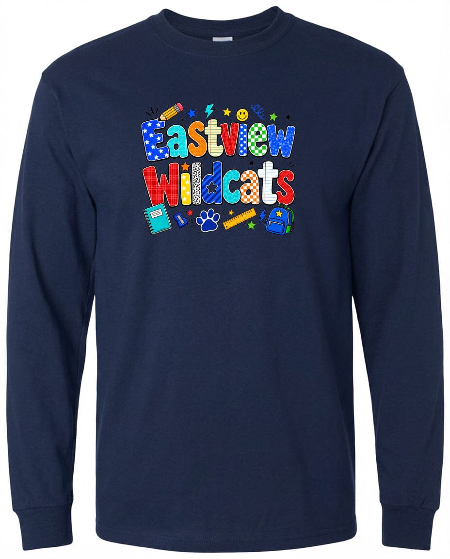 A navy blue long-sleeved shirt with a colorful graphic design featuring the text "Eastview Wildcats" and various school-related icons such as a backpack, pencil, and book.