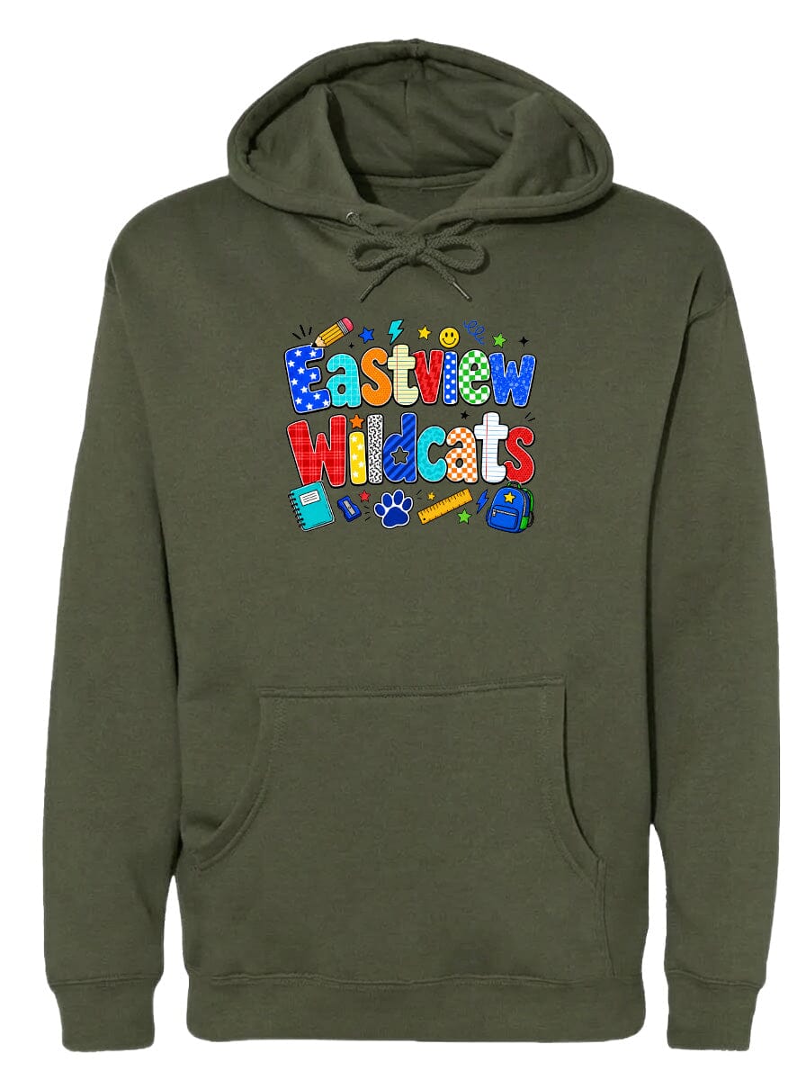 A green hoodie with a colorful graphic design featuring the text "Eastview Wildcats" and various school-related icons.