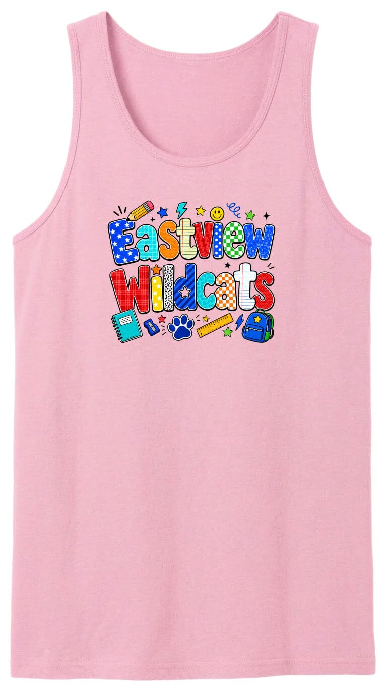 A pink tank top with a colorful graphic design featuring the text "Eastview Wildcats" and various school-related icons such as a pencil, backpack, and book.