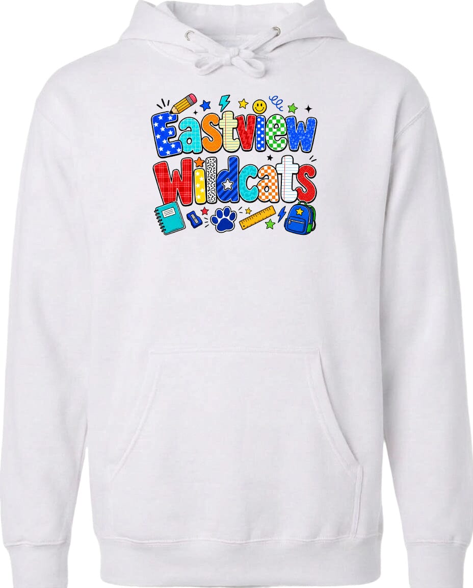 A white hoodie with a colorful graphic design featuring the text "Eastview Wildcats" and various school-related icons such as a backpack, pencil, and book.