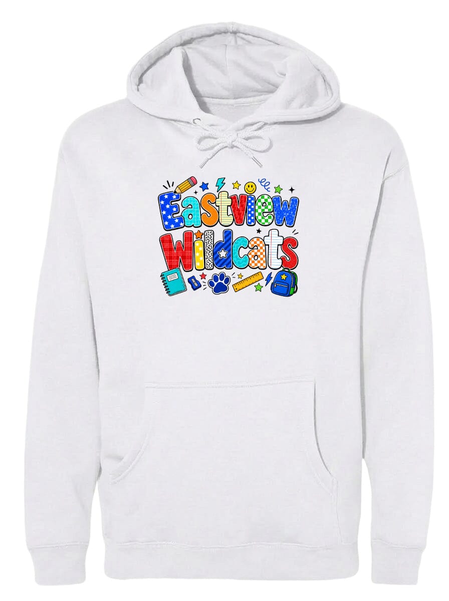 A white hoodie with a colorful graphic design featuring the text "Eastview Wildcats" and various school-related icons such as a backpack, pencil, and book.