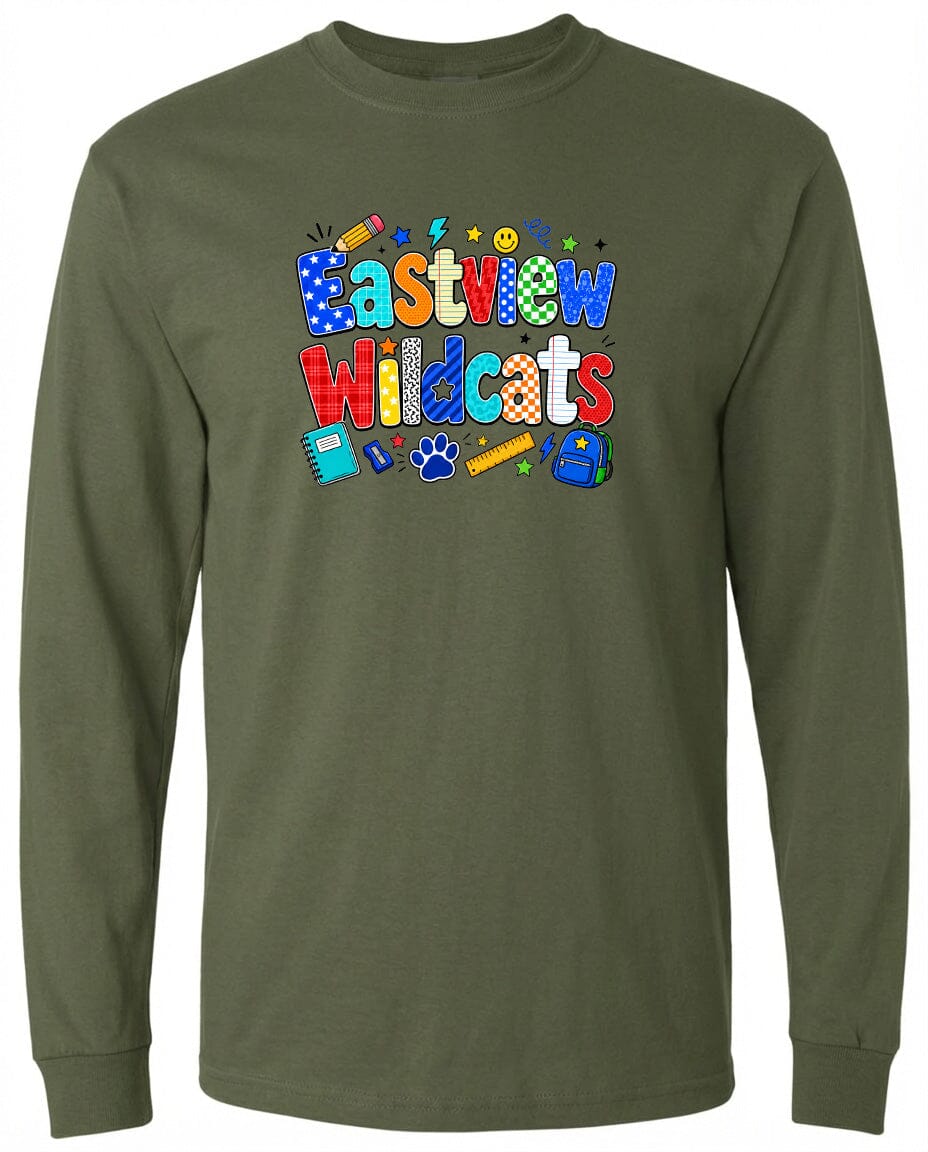 A long-sleeved green t-shirt with a colorful graphic design featuring the text "Eastview Wildcats" surrounded by various school-related icons such as a pencil, backpack, and book.