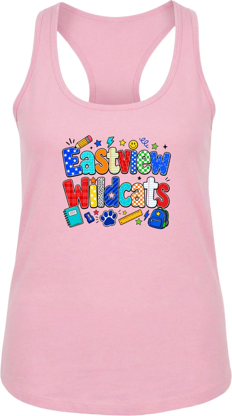 A pink tank top with a colorful graphic design featuring the text "Eastview Wildcats" and various school-related icons such as a backpack, pencil, and calculator.