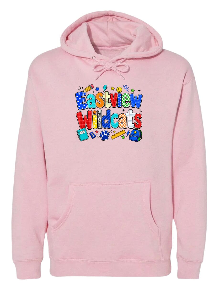 A pink hoodie with a colorful graphic design featuring the text "Eastview Wildcats" and various school-related icons.