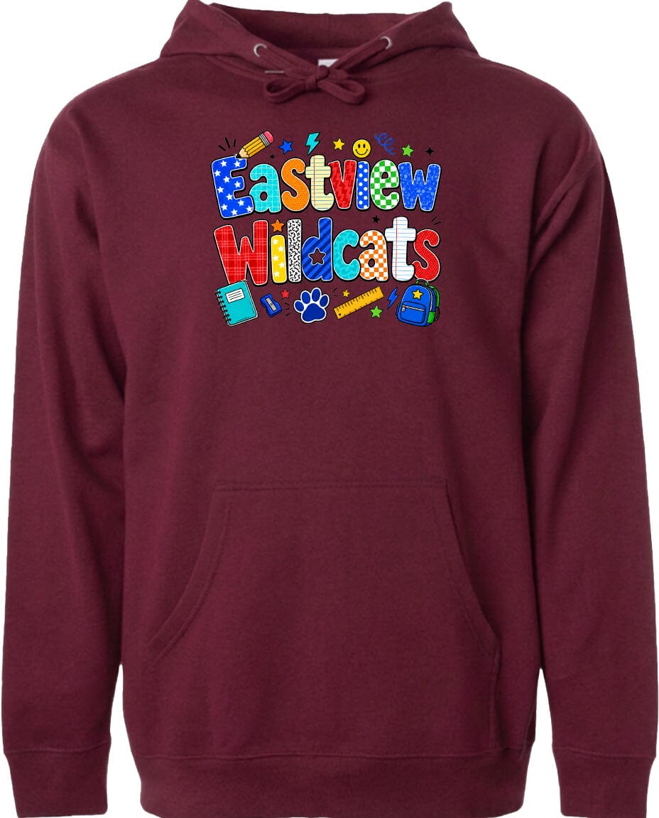 A burgundy-colored hoodie with a colorful graphic design featuring the text "Eastview Wildcats" and various school-related icons such as a backpack, pencil, and ruler.