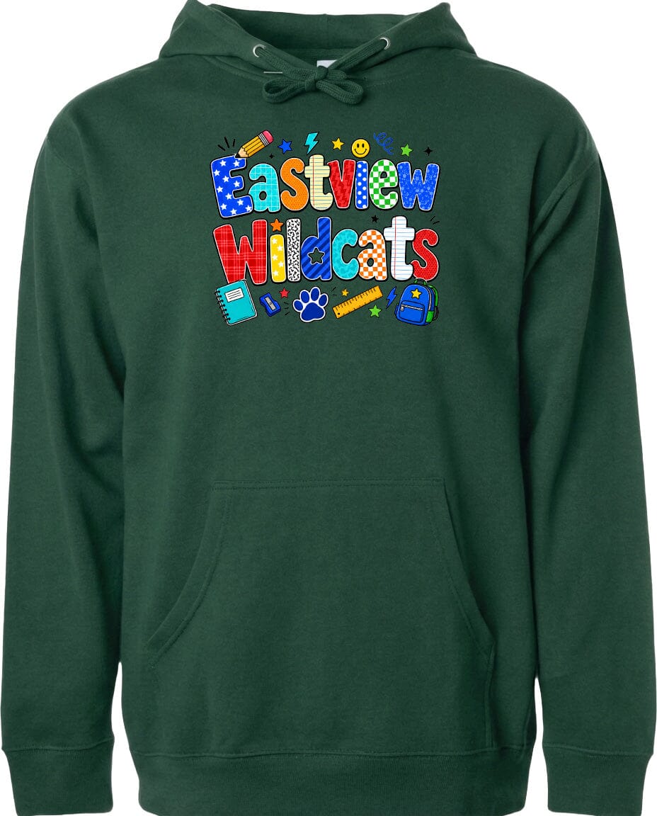 A green hoodie with a colorful graphic design featuring the text "Eastview Wildcats" and various school-related icons such as a pencil, backpack, and calculator.