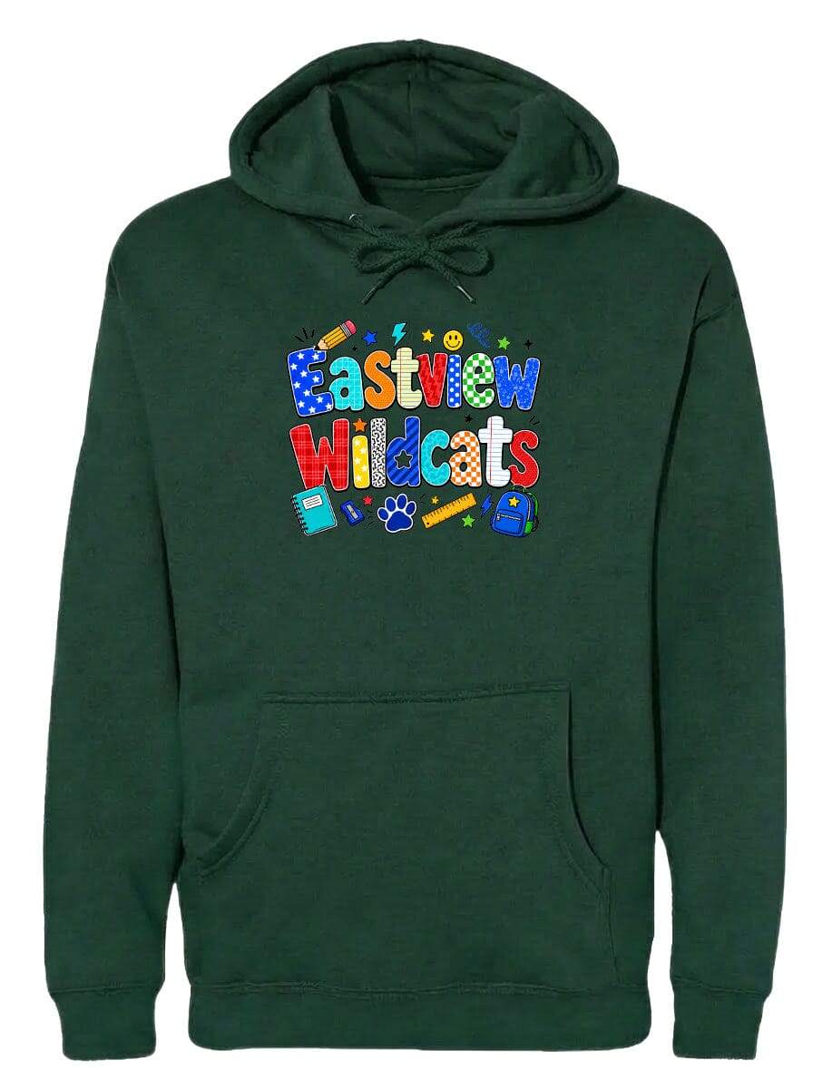 A green hoodie with the text "Eastview Wildcats" printed on it.